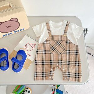 2 piece Solid Top Combo Classic Grid Bottom Romper